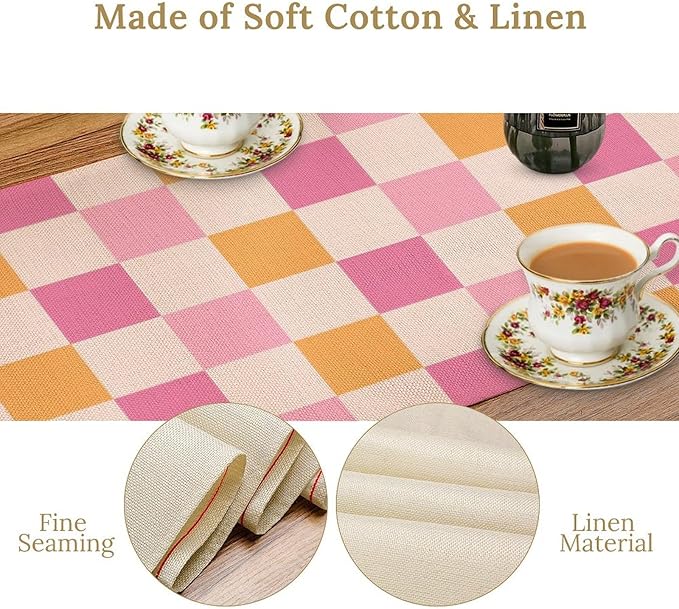 Pink Checkered Table Runner, Vintage 70s Abstract Cute Modern Hippie Table Runner for Party Kitchen Dining Home Outdoor 13x60in