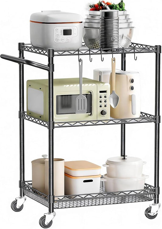 Rolling Utility Storage Carts with Wheels 3 Tier Heavy Duty Metal Cart 750Lbs Capacity Adjustable Kitchen Organizer Cart with Handle & Shelf Liner Commercial Grade Trolley for Indoor & Outdoor Use