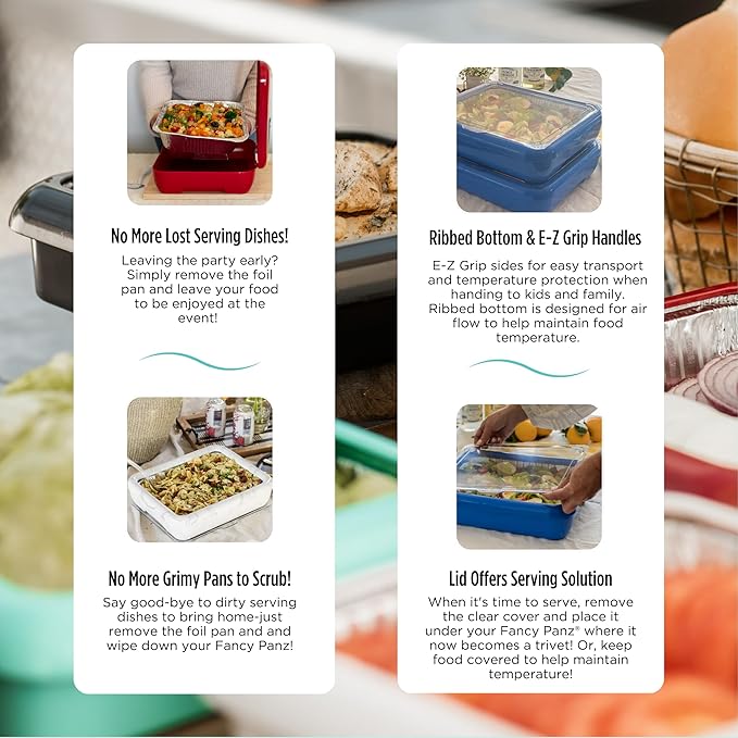 Fancy Panz - Aqua Classic Aluminum Foil Pan Carrier with Lid - Elevated Food Serving Tray - Portable Casserole Carrier with Lid - Made in The USA Hosting Essentials
