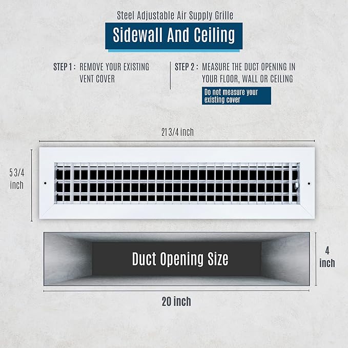 [8 Pack] Fits 20x4 Duct Opening Steel Adjustable Air Supply Grille by Handua | Register Vent Cover Grill for Sidewall and Ceiling | White | Out. Dim.: 21.75" X 5.75"