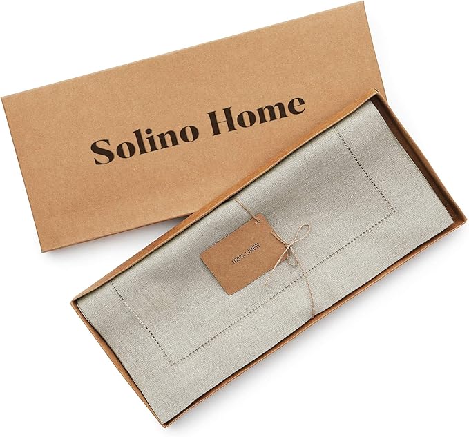 Solino Home Linen Natural Table Runner 60 Inches - Classic Hemstitch, 100% Pure Linen Coffee Table Runner 14 x 60 Inch Ideal for Dresser Tables - Spring, Easter
