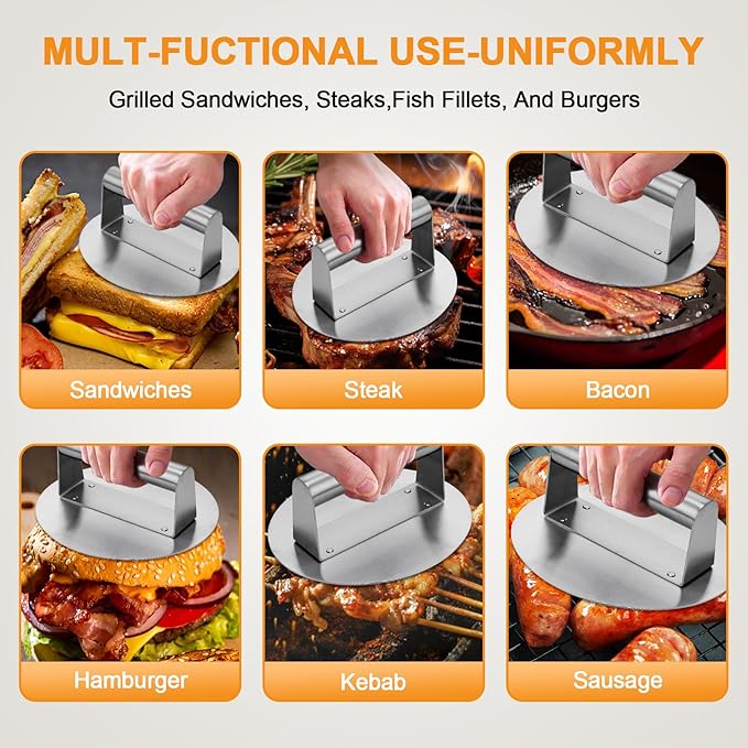 Stainless Steel Burger Press 6.2" Round Smash Burger Press- Pro Non-Stick Burger Smasher for Blackstone/Flat Top Grill, Perfect for Burgers, Bacon | Dishwasher Safe Grill Press