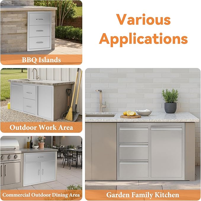 Jocisland Outdoor Kitchen Drawers 41.5" W×23" D×23" H Stainless Steel Drawers for Outdoor Kitchens, Double Drawer & Door Trash Drawer & 3-Tier Cabinet, Built-in BBQ Island Storage