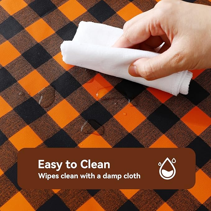 Romanstile Rectangle Vinyl Tablecloth, 100% Waterproof Buffalo Gingham Plastic Table Cloth, Heavy Duty Wipeable Checkered Table Covers for Outdoor, Camping, Picnic, Patio - 52 x 70, Black and Orange