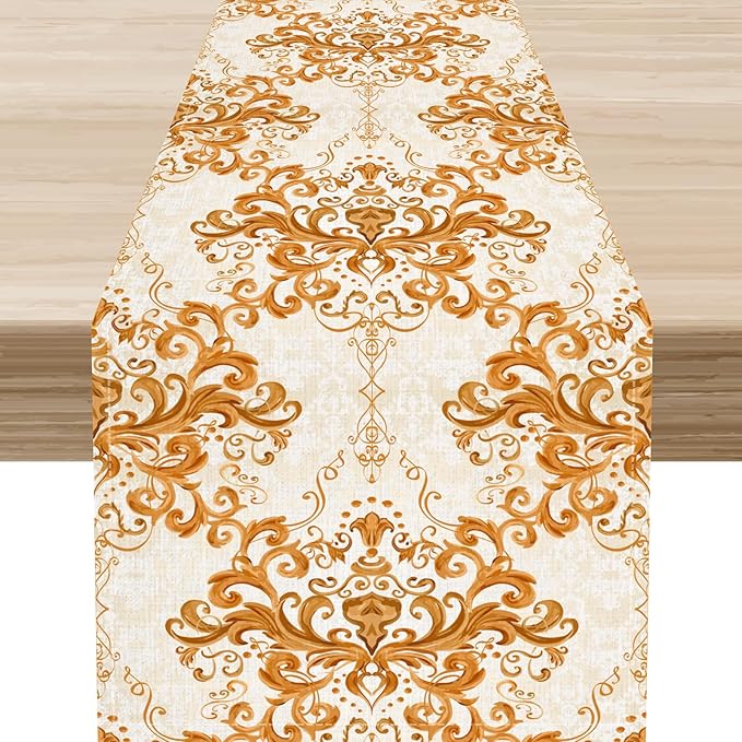 Damask Table Runner, Rustic Gold Gothic Boho Floral Flower Baroque Style Antique Vintage Retro Coffee Table Center Decor for Kitchen and Dining Outdoor Home Country Party Table Decorations, 13"x36"