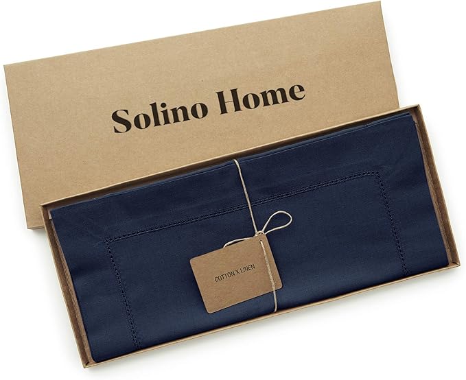 Solino Home Navy Blue Table Runner 120 Inches Long - Cotton Linen Hemstitch 14 x 120 Inch Table Runner for Dining, Spring, Easter, Winter