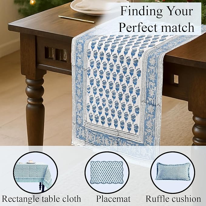 CPC Cotton Table Runner 16x108 Inch Block Printed Long Fall Table Runner for Dining Table, Card Table, Coffee Table, Wedding, Farmhouse & Outdoor Barbeque-Apatite Blue