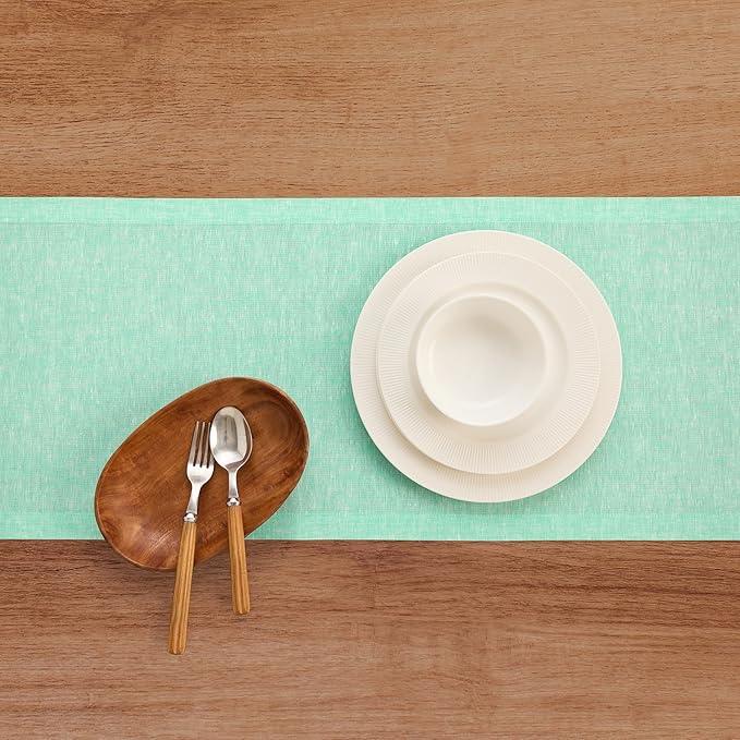 Solino Home Linen Table Runner 72 Inches Long - Athena, 100% Pure Linen Chambray Aqua Dining Table Runner 14 x 72 Inch for Winter, Spring, Easter