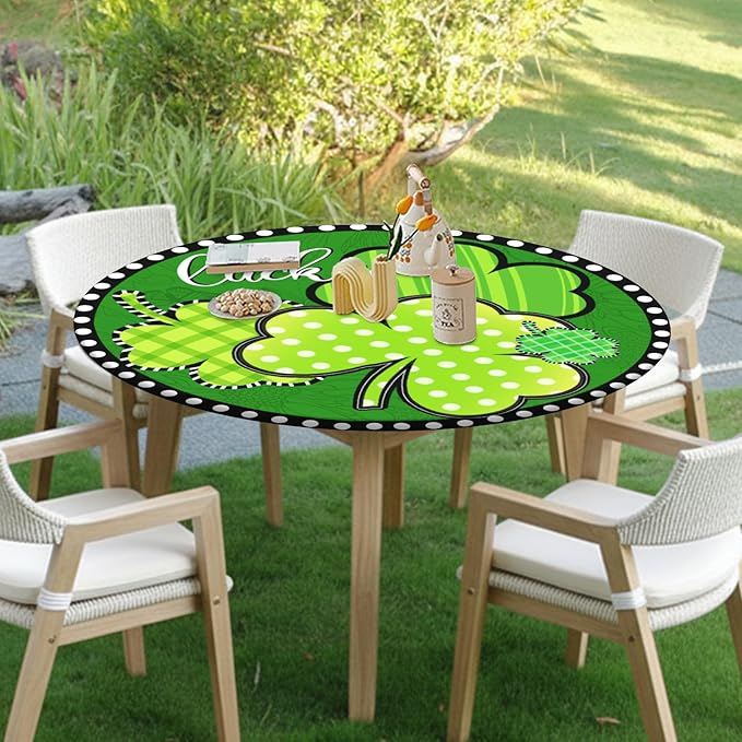St Patricks Day Round Fitted Tablecloth with Elastic Green Shamrock Lucky Circle Table Cover for 40-44" Tables Spring Clover Wipeable Waterproof Washable Table Cloth for Party Picnic Dining Decor