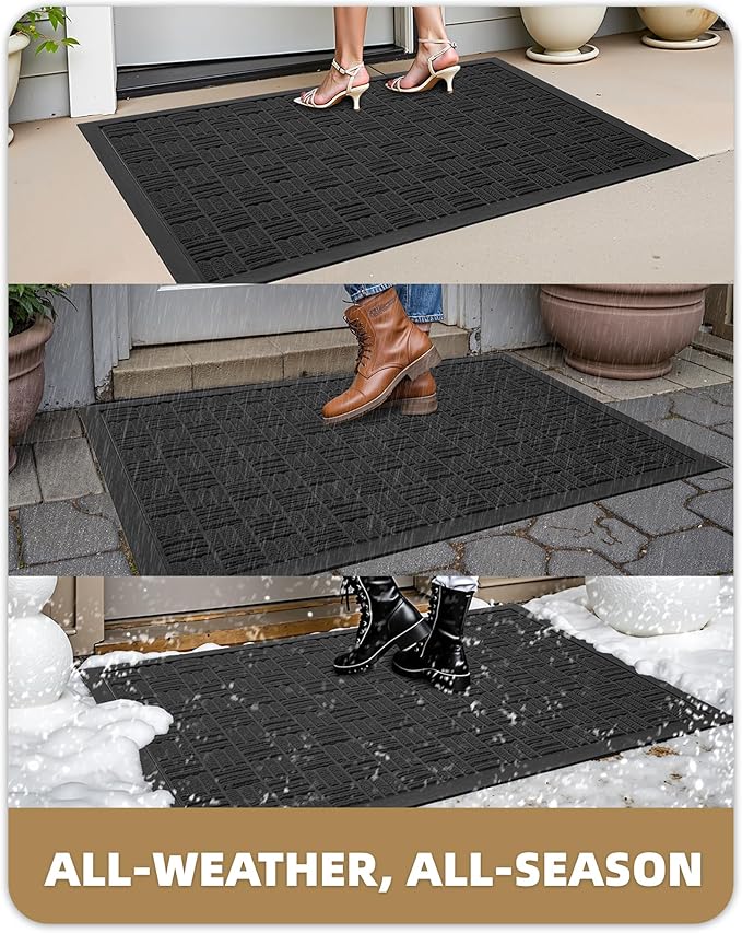 Color&Geometry Front Door Mat Outside Entrance, Heavy Duty Non Slip Low Profile Doormat for Entryway, Trap Dirt and Moisture Welcome Mats All-Weather, Easy Clean, Patio, Garage, 24"x36" Black