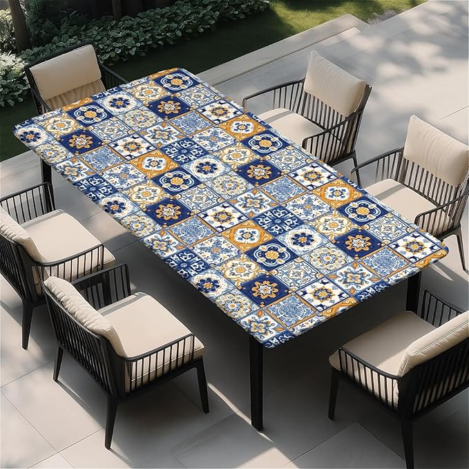 Rectangle Table Cloth Cover Waterproof Elastic Fitted Polyester Fitted Tablecloths for 6 Foot Tables for Indoor,Picnic, Camping, Outdoor （72" x 30"，Bohemian Style）