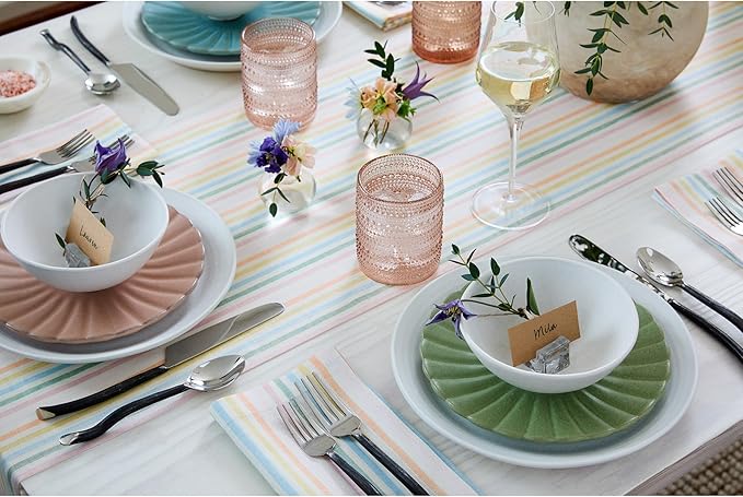Solino Home Linen Table Runner 36 Inches - Julia 100% Pure Linen Multicolor Muted Pastel Stripe Table Runner 14 x 36 Inch Ideal for Dresser and Coffee Tables, Spring, Easter