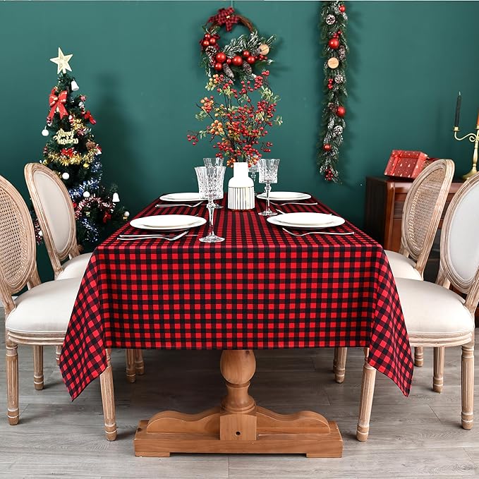 Red Gingham Christmas Plaid Tablecloth - Rectangular 58x102 Inch Water Resistant Table Cloth for Indoor/Outdoor Use - Holiday Table Cover for Kitchen, Picnics, and Parties