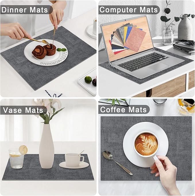 Homaxy Faux Leather Heat Resistant Placemats for Dining Table Set of 4, Waterproof Wipeable Washable PU Table Mats, Easy to Clean Anti-Slip Place Mats, 11.8" x 17", Dark Grey