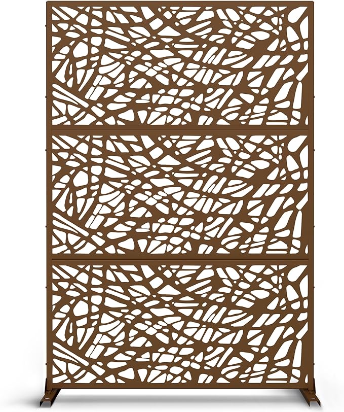 Metal Privacy Screen Outdoor 72" H×47" W,Freestanding Decorative Privacy Screen for Balcony Yard&Garden,Privacy Fence-Brown&Net
