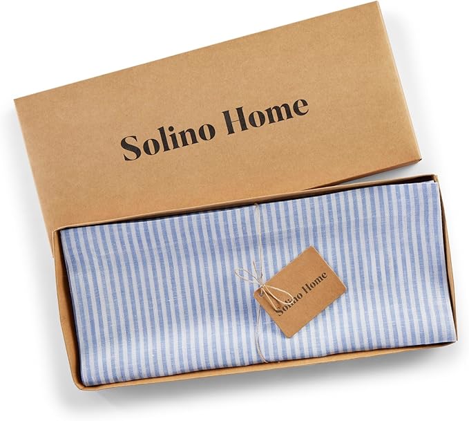 Solino Home Linen Striped Table Runner 144 Inches Long - Narrow Stripe 100% Pure Linen Cornflower Blue and White Dining Table Runner 14 x 144 Inch for Winter, Spring, Easter