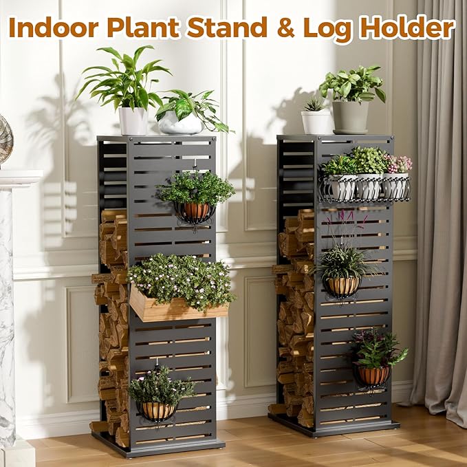 4ft Firewood Rack with Parallel Louver Pattern, Fire Wood Holder Log Storage Rack with Hooks Adjustable Feet, Firewood Stacker for Outdoor Indoor Pergola Gazebo Patio Balcony Black