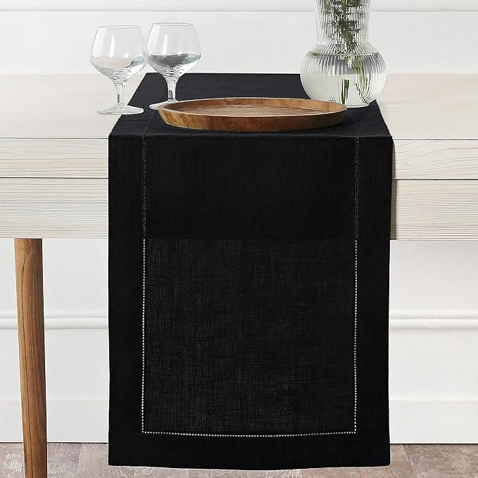 D'Moksha Homes Linen Black Table Runner 36 Inches - 100% Pure Linen Small Table Runner 14 x 36 Inch Ideal for Dresser, Coffee Tables, Spring, Easter - Classic Hemstitch