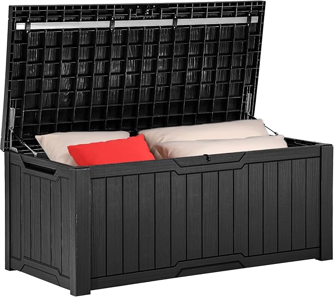 YITAHOME 120 Gallon Large Deck Box, Resin Outdoor Storage Box for Outdoor Pillows, Garden Tools and Pool Supplies, Waterproof, Lockable, Black
