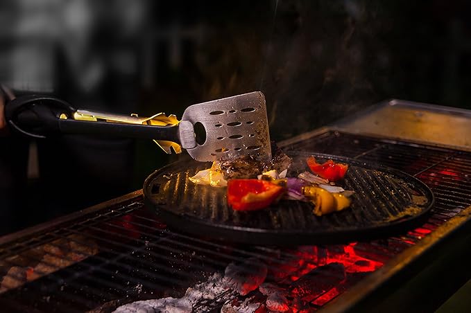 Jokari Pro Grade 6 in 1 Lighted Grill Set. All In One Industrial Strength Tool Includes Easy Grip Handle, Spatula, Adjustable Tongs, Knife Blade, Scraper, LED Flashlight, BBQ Skewers and Bottle Opener