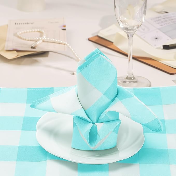 Buffalo Plaid Table Napkins Set of 25 Checkered Cloth Napkins 17x17 inch Washable Dinner Gingham Pattern Napkins Soft Napkins for Wedding Party Dining Banquet(Aqua and White)