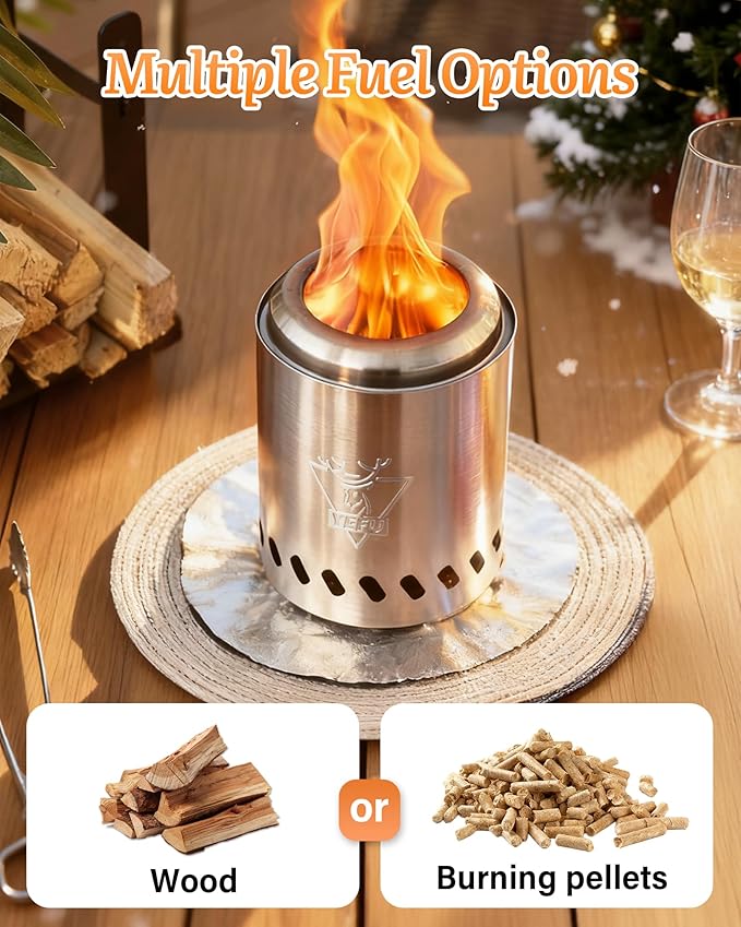 YEFU Tabletop Fire Pit 7.5 x 5.5 in, Low Smoke Camping Stove for Outdoor & Patio, Fueled by Pellets or Wood, Safe Burning Table Top Firepit, with Travel Bag & 2 Mini Sticks & Fireproof Mat, Silver