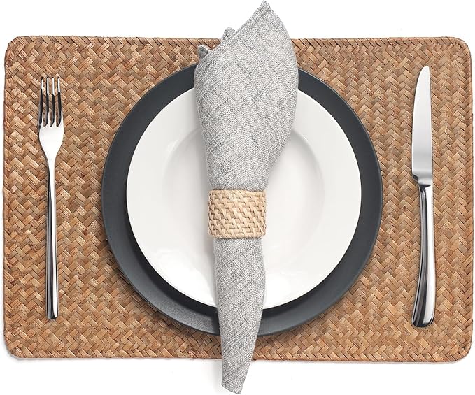 12 Pack Rectangular Woven Placemats, Rattan Wicker Table Mats, 17" x 12", Natural Seagrass Place Mats for Dining Table