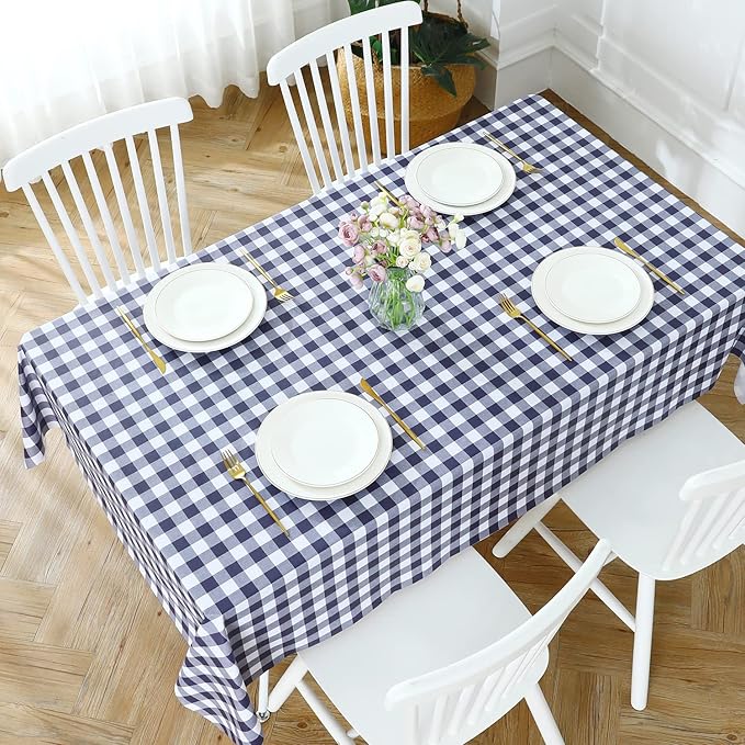 Romanstile Rectangle Vinyl Tablecloth, 100% Waterproof Buffalo Gingham Plastic Table Cloth, Heavy Duty Wipeable Checkered Table Covers for Outdoor, Camping, Picnic, Patio - 60 x 102, Navy Blue