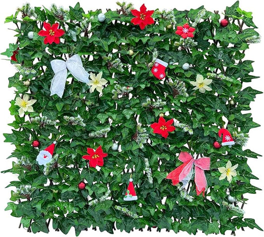 Expandable Fence Privacy Screen for Balcony Patio Outdoor,Decorative Faux Ivy Fencing Panel,Artificial Hedges (Single Sided Leaves) (4, Christmas-Ivy)
