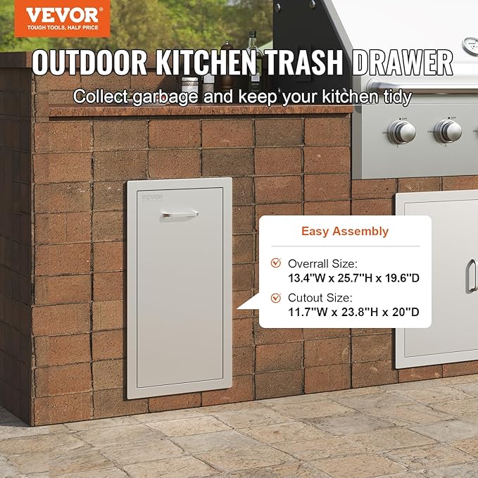 VEVOR Pull Out Trash Drawer 13.4"W x 25.7"H x 19.6"D Lower Sliding Rails Steel Roll Out Trash Bin Pull Out Tray Outdoor Kitchen Trash Drawer with Handle for BBQ Island Grill Station No Trash Can
