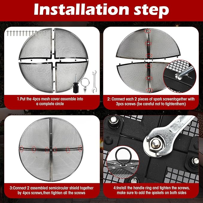 Fire Pit Spark Screen,40 Inch Fire Pit Screen Outdoor with Handle&Poker,Heavy-Duty Steel Fire Pit Cover Mesh Round Replacement Firepit Screens for Backyard/Beach/RV Camping