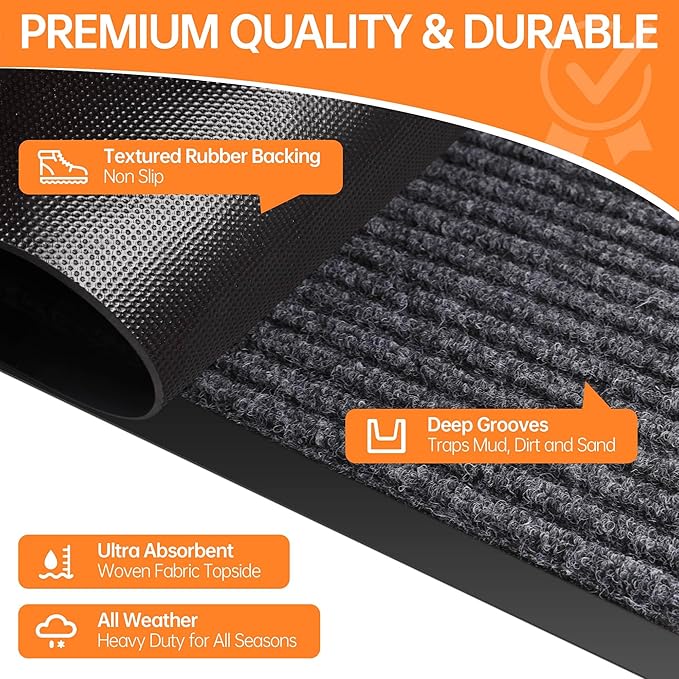 Front Door Mat, 4'x8' Indoor Outdoor Door Mat, Commercial Industrial Entrance Doormat, Heavy Duty Welcome Mat, Rubber Backing Non Slip Doormat for Entryway, Grey