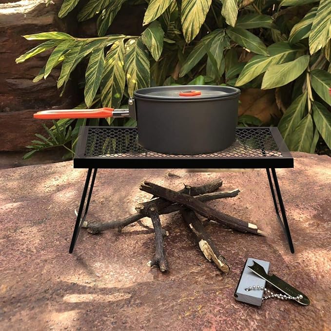 17" Folding Campfire Grill Grate, Portable Heavy Duty Steel Over Fire Camp Grill for Outdoor Camping Cooking Fire Pit, Black