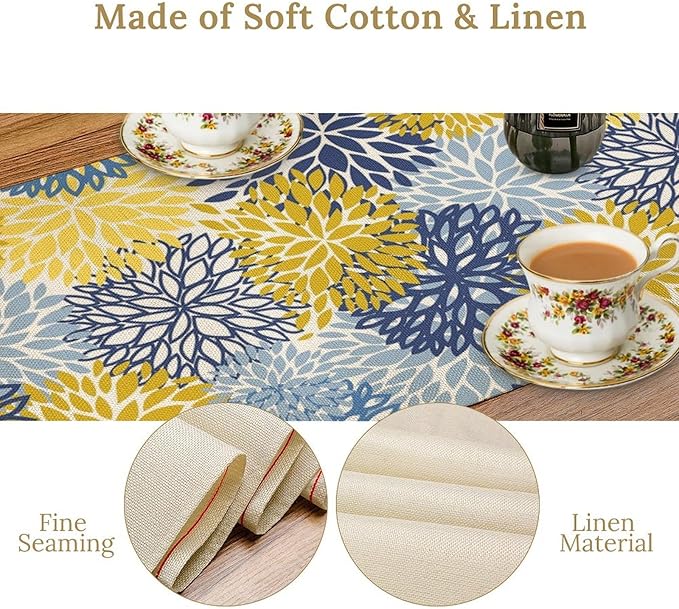 Dahlia Flower Table Runner,Blue Yellow Floral Print Table Runner for Kitchen Dining Table Dinner Holiday Home Party Indoor Outdoor Decor 13x36in
