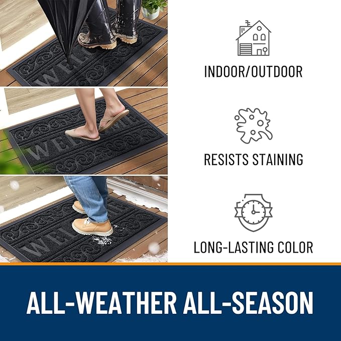 OLANLY Welcome Door Mat Indoor Outdoor Entrance, Heavy Duty Sturdy Front Door Mat, Waterproof All-Weather Doormat, Stain Resistant, Low Profile, Easy Clean Patio Entryway Mat, 47 x 24, Black