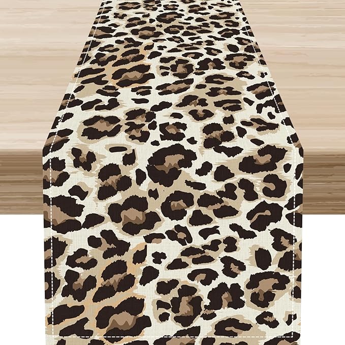 Leopard Print Table Runner, Animal Fur Print Western Style Table Runner Country Farmhouse Cottage Cow Pattern Linen Table Decoration for Home Kitchen Dining 13x36