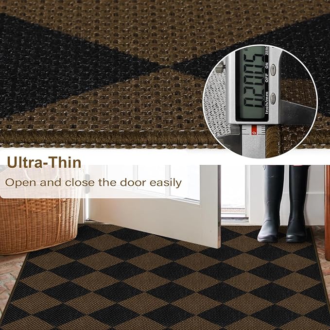 Easy Jute Checkered Entryway Rug, 2.6x4 Coffee Modern Indoor Outdoor Doormat Non-Slip Washable Kitchen Rug, Neutral Farmhouse Diamond Throw Rugs for Entrance Bedroom Porch Patio