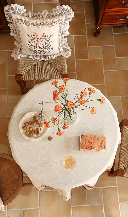 French Linen Small Round Tablecloth,Vintage Pink with Floral Pattern Wrinkle Free Tablecloths,Decor Table Cover for Kitchen,Dining,Thanksgiving,Christmas,Diameter 55"-Sloosa