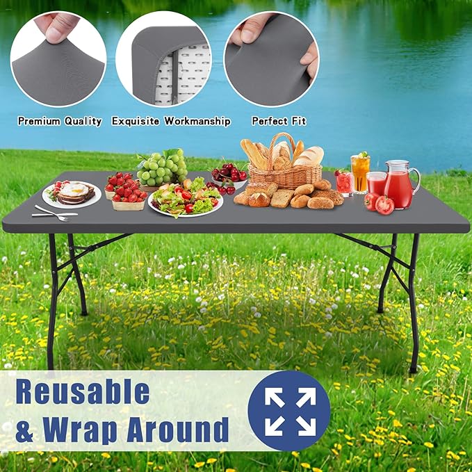 Spandex 8 Foot Rectangle Table Cloth 6 Pack, Elastic Fitted Tablecloths for Picnic, Stretch Washable Patio Table Cover for Outdoor, Camping, Banquet and Parties (Grey, 30"x96")