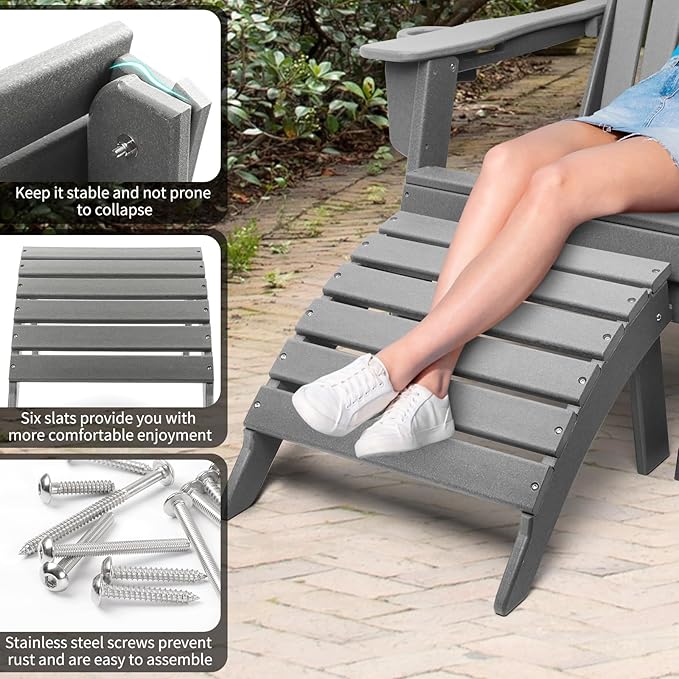 FUNBERRY Folding Adirondack Ottoman Set of 2, HDPE All Weather Outdoor Foot Rest, Easy Storage Patio Footstool, Ottomans and Footstools for Outside