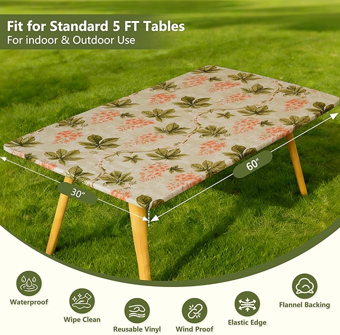 Rectangle Picnic Table Cloth, Elastic Waterproof Fitted Vinyl Tablecloths for 5 Foot Tables, Wipeable Flannel Backed Table Covers for Dining, Camping, Outdoor(Flower,30"x60")