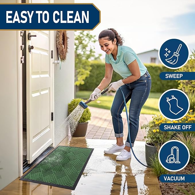 Smiry Front Door Mat Outside Entrance, Heavy Duty Outdoor Indoor Natural Rubber Doormat, Non Slip, Trap Dirt and Moisture, Easy Clean, Low Profile Patio Porch Entryway Mat, 59x35, Green