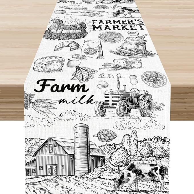 Farm Animals Table Runner, Rustic Farmhouse Cow Pig Rooster Watercolor Coffee Table Center Decor for Home Kitchen Dining Patio Holiday Party Indoor Outdoor Table Decorations, 13"x108" Inch