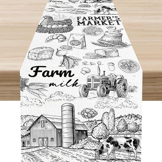 Farm Animals Table Runner, Rustic Farmhouse Cow Pig Rooster Watercolor Coffee Table Center Decor for Home Kitchen Dining Patio Holiday Party Indoor Outdoor Table Decorations, 13"x90" Inch