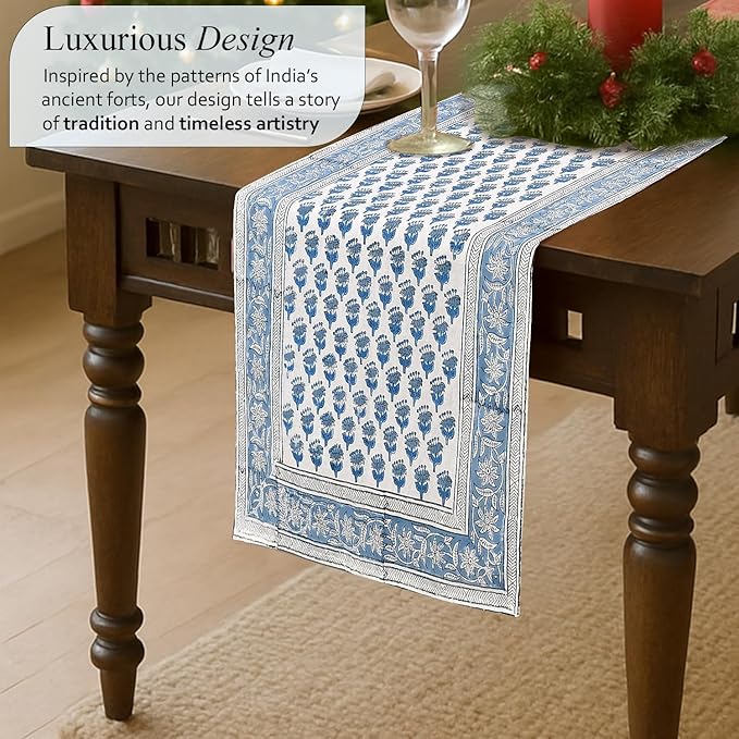 CPC Cotton Table Runner 16x90 Inch Block Printed Long Fall Table Runner for Dining Table, Card Table, Coffee Table, Wedding, Farmhouse & Outdoor Barbeque-Apatite Blue