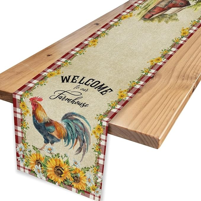 Rooster Table Runner, Farmhouse Red Plaid Sunflower Floral Chicken Farm Cow Pig Rustic Coffee Table Center Decor for Family Kitchen and Dining Room Outdoor Country Party Table Decorations, 13"x72"