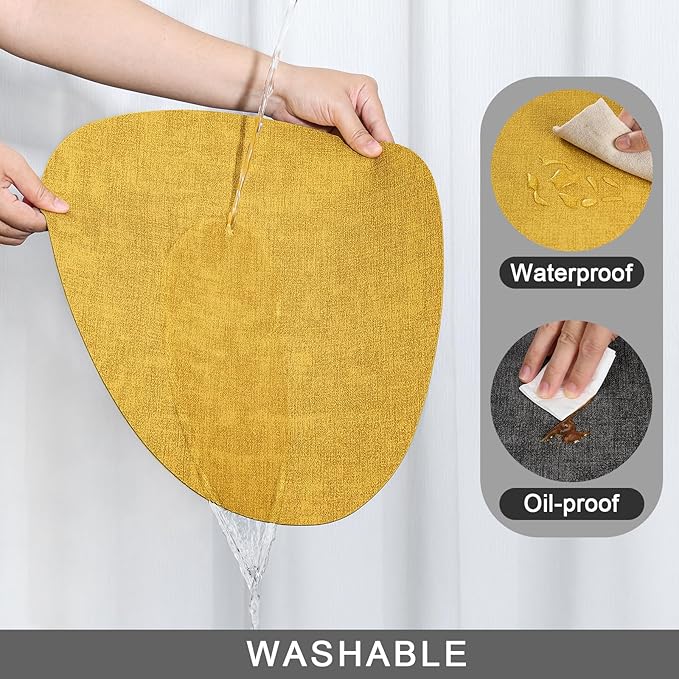 Placemats and Coasters, Washable Reversible Placemats Round Faux Leather Wipeable Place Mats Non Slip Heat Resistant Indoor Outdoor Table Mats (Set of 6, Gray Yellow)