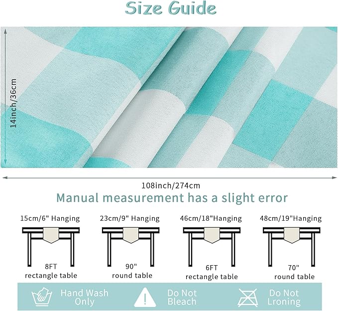 Fabric Checkered Table Runner 6 Pack Waterproof Gingham Table Runner 14W x 108L Buffalo Check Table Runners for Parties Kitchen Dining Wedding Banquet (Aqua and White)