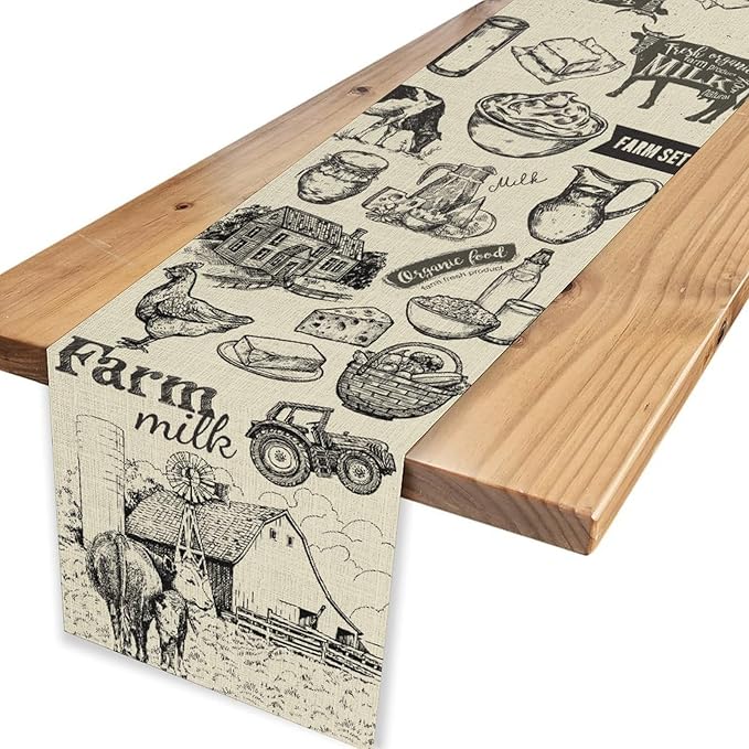 Farm Animals Table Runner, Rustic Farmhouse Rooster Cow Chicken Black Print Watercolor Coffee Table Center Decor for Home Kitchen Dining Patio Party Indoor Outdoor Table Decorations, 13" X 72"