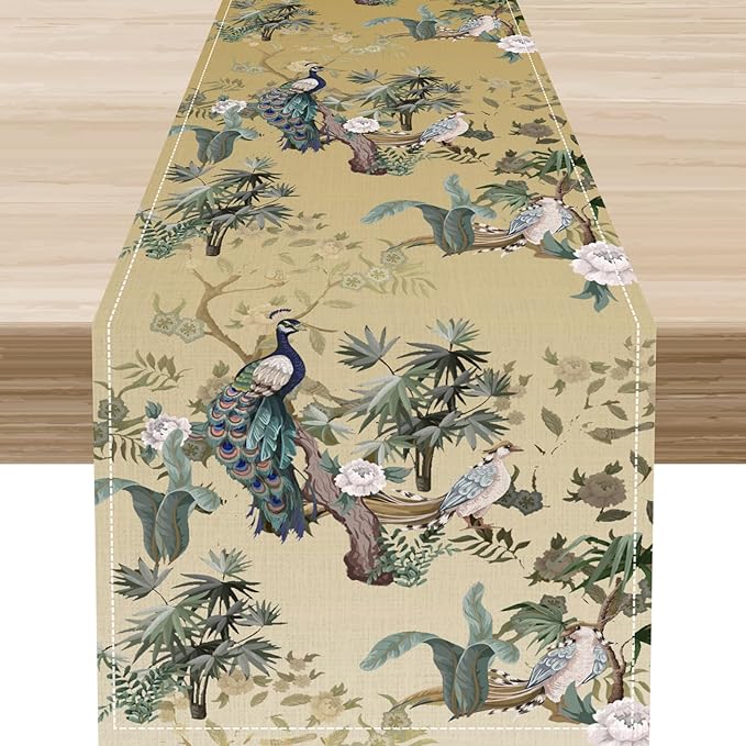 Asian Table Runner,Ruatic Traditionla Chinese Style Penoy Floral Branch Table Center Decor for Home Kitchen Dining Patio Party Indoor Table Decorations, 13"x90"